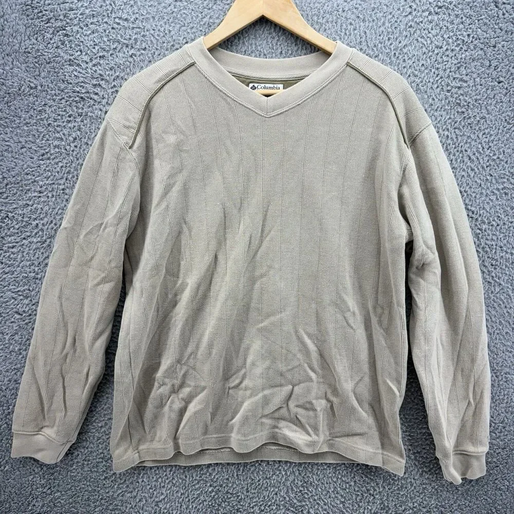 Columbia Men's Large Pullover Ribbed‎ Knit Tan Brown Sweater V-Neck Long Sleeve